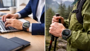 日常のデスクワークと登山シーンでスントとガーミンを対比したリアルイメージ