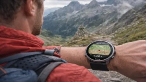Suunto Verticalを装着して登山ルートを確認しているリアルなトレイルシーン