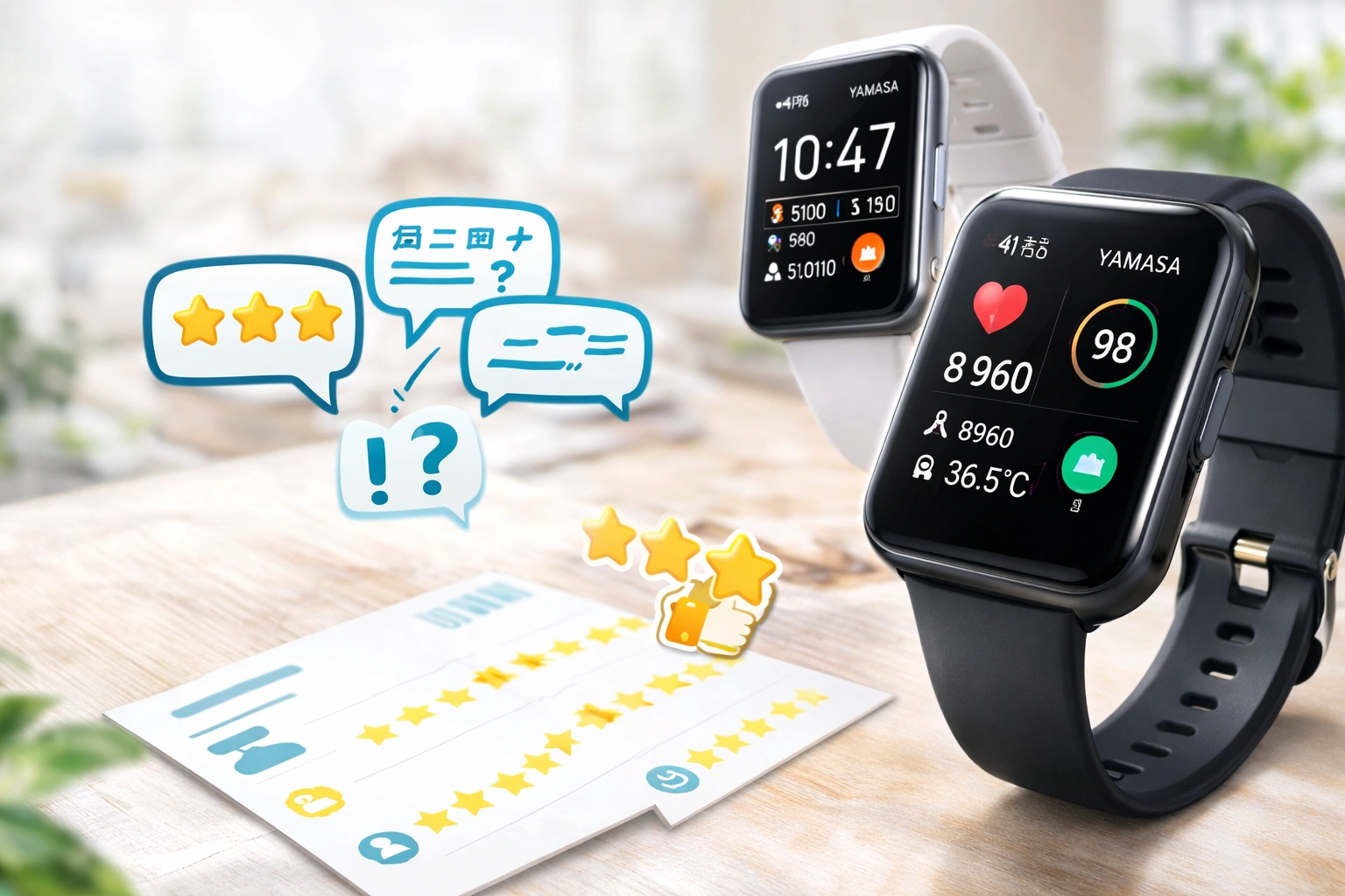 山佐スマートウォッチのブラックとホワイトモデルを並べたリアルなイメージ写真