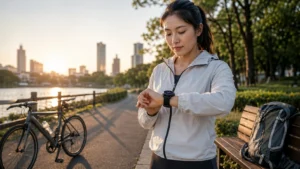 屋外でAmazfitスマートウォッチを確認する日本人ランナー