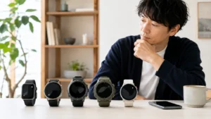 5種類のAmazfitスマートウォッチを比較する日本人男性