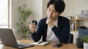 マートウォッチを買うべきか自宅で慎重に検討する日本人男性