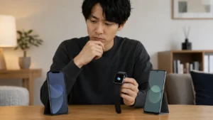 スマートウォッチとiPhoneやAndroidスマホの互換性を確認する男性