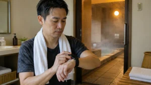 風呂やサウナでの使用前にスマートウォッチを外す日本人男性